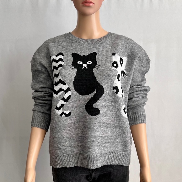 Cat Pattern Drop Shoulder Sweater - Picture 3 of 8